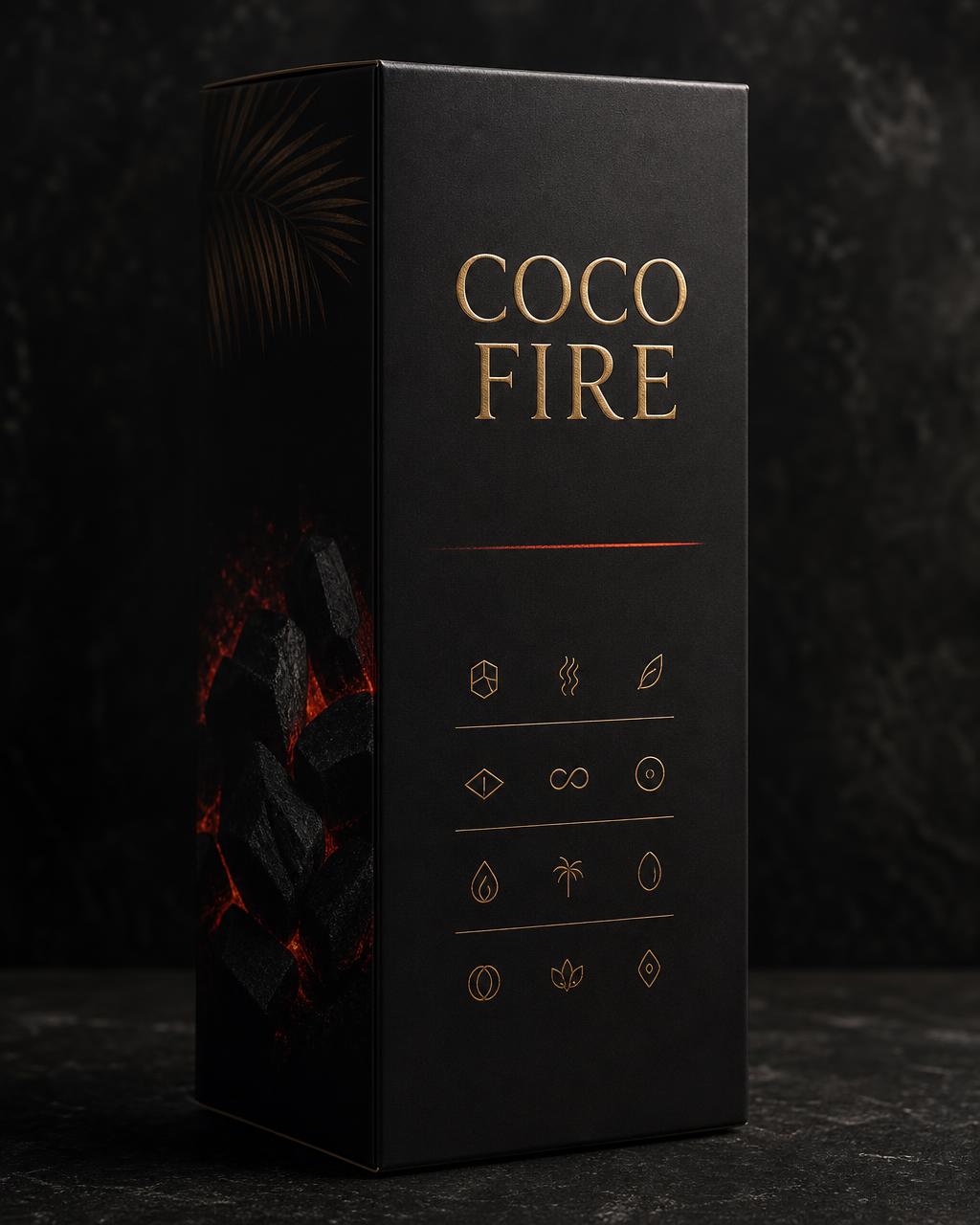 Side panel of the Coco Fire retail box with minimal gold detailing