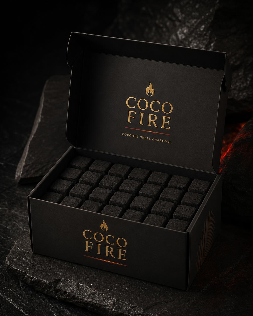 Coco Fire box opened to show rows of coconut shell charcoal briquettes inside