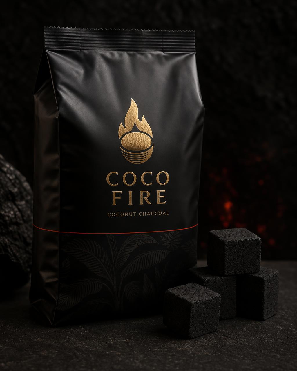 Sealed Coco Fire inner pack photographed beside charcoal briquettes