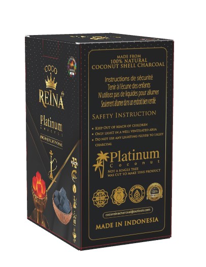 Side panel of the Coco Reina box carrying the safety instructions and made-in-Indonesia mark