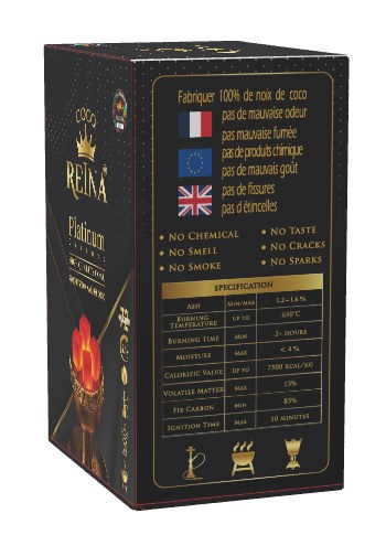 Side panel of the Coco Reina box carrying the printed product specification table
