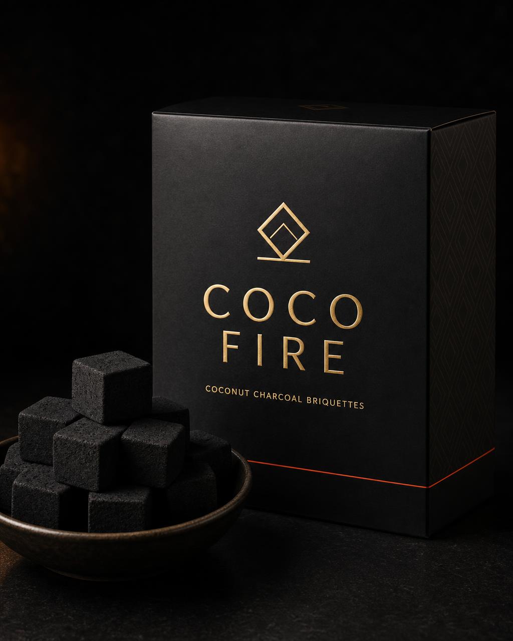 Coco Fire coconut charcoal retail box, front three-quarter view beside charcoal briquettes